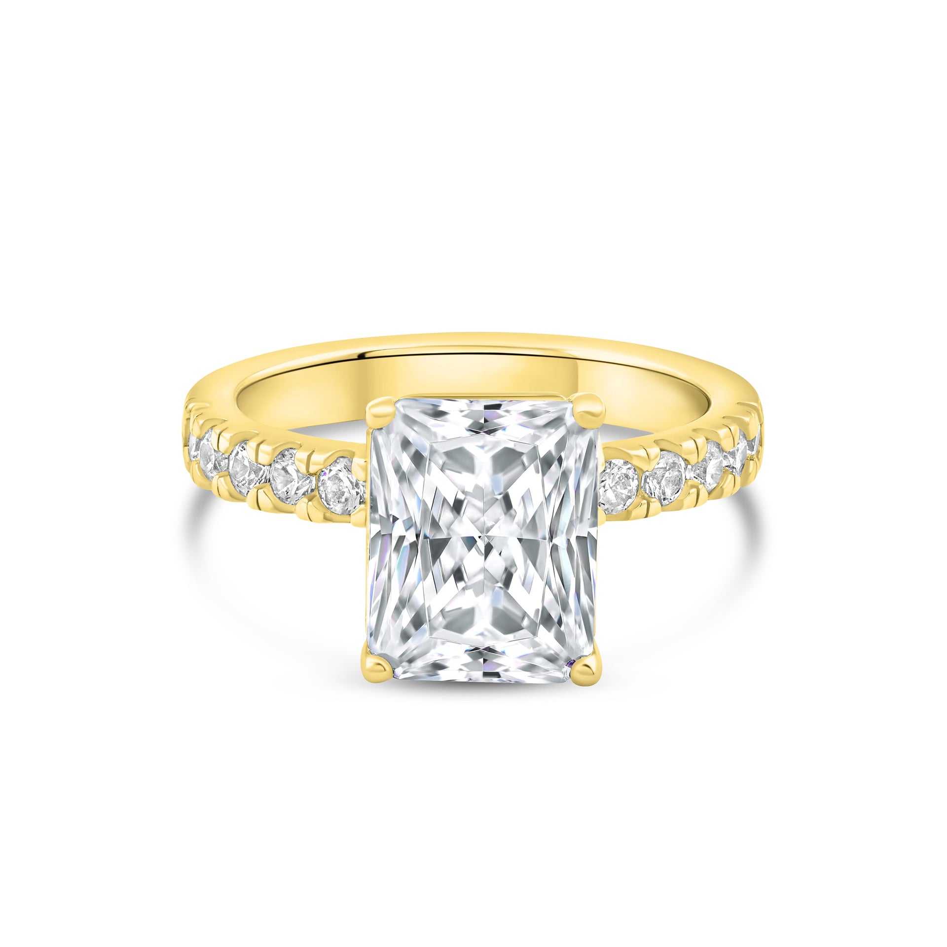 gold 3.75 carat radiant cut engagement ring with 2.7mm half eternity band