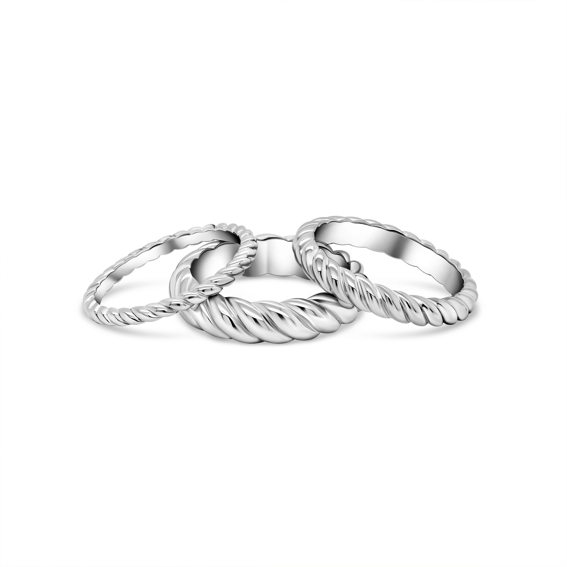 unique and minimalist silver 3 piece ring set with twisting detail and varying sizes