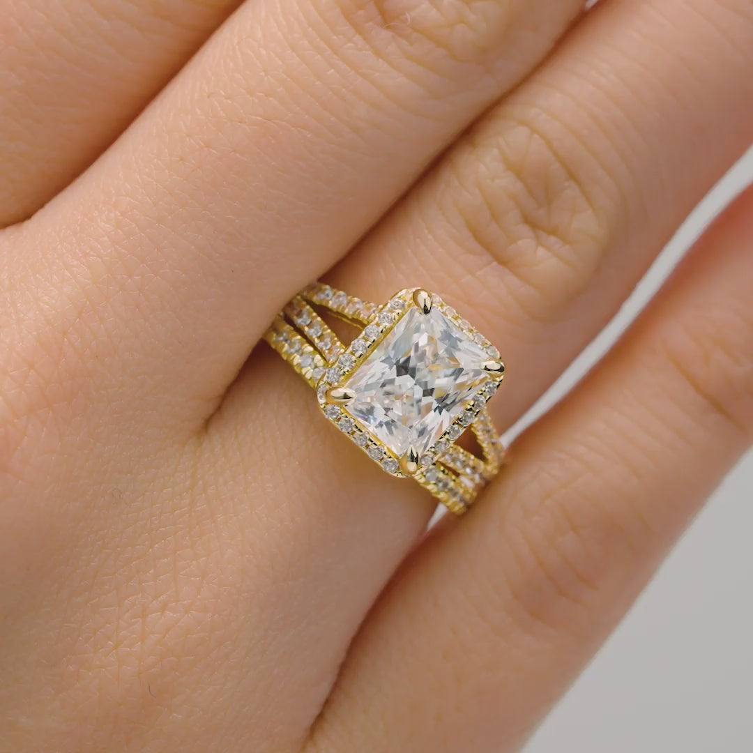 exquisite radiant cut engagement ring with matching half eternity band being held at different angles