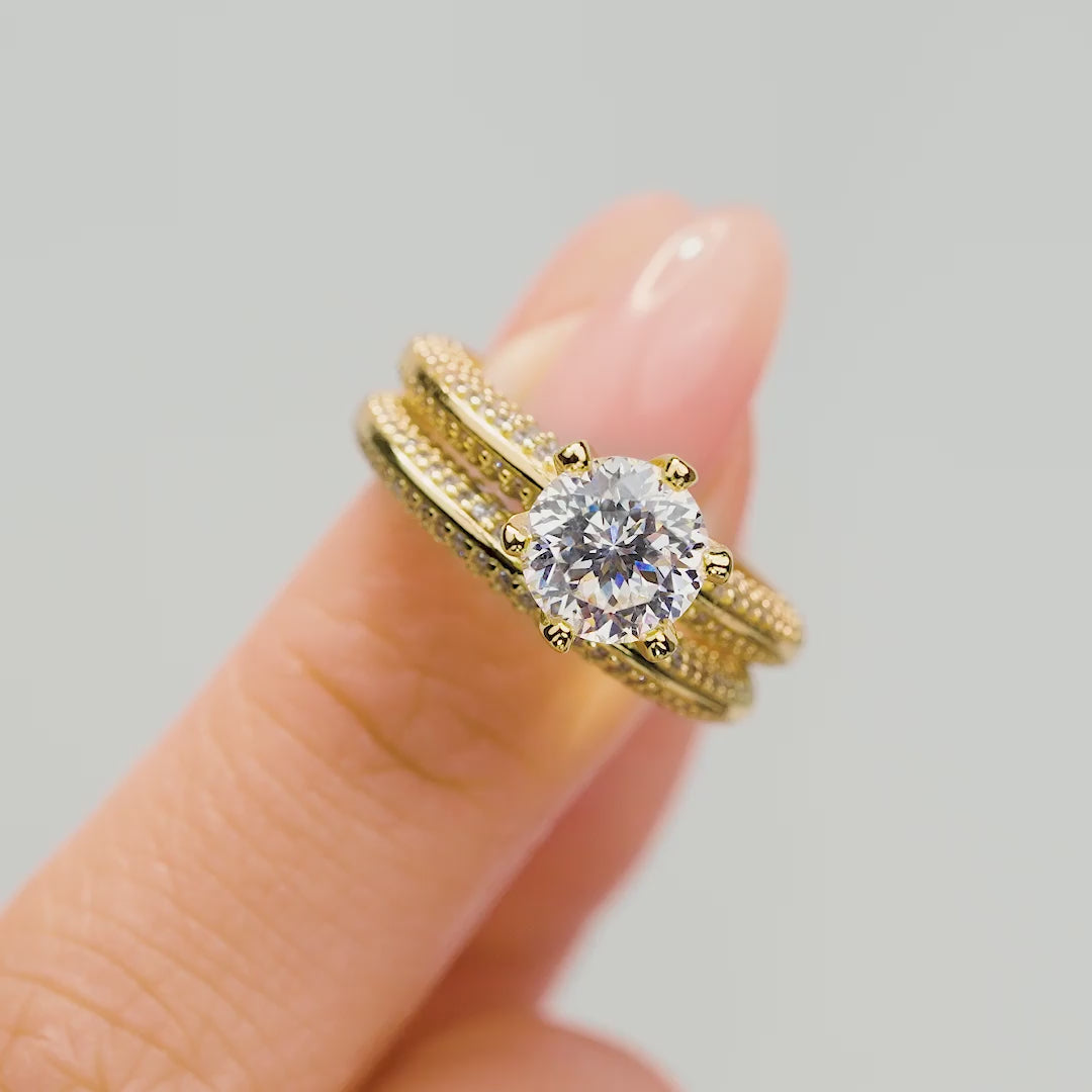 Gold vintage pave wedding ring set modeled on female hand