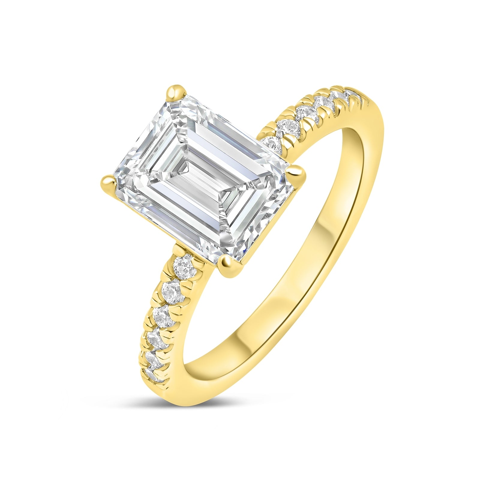 gold 3 carat emerald cut engagement ring with a half eternity band detailing