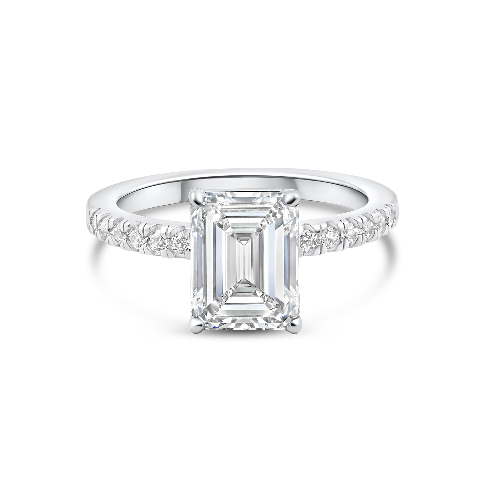 sleek silver 3 carat emerald cut engagement ring with half eternity band detailing