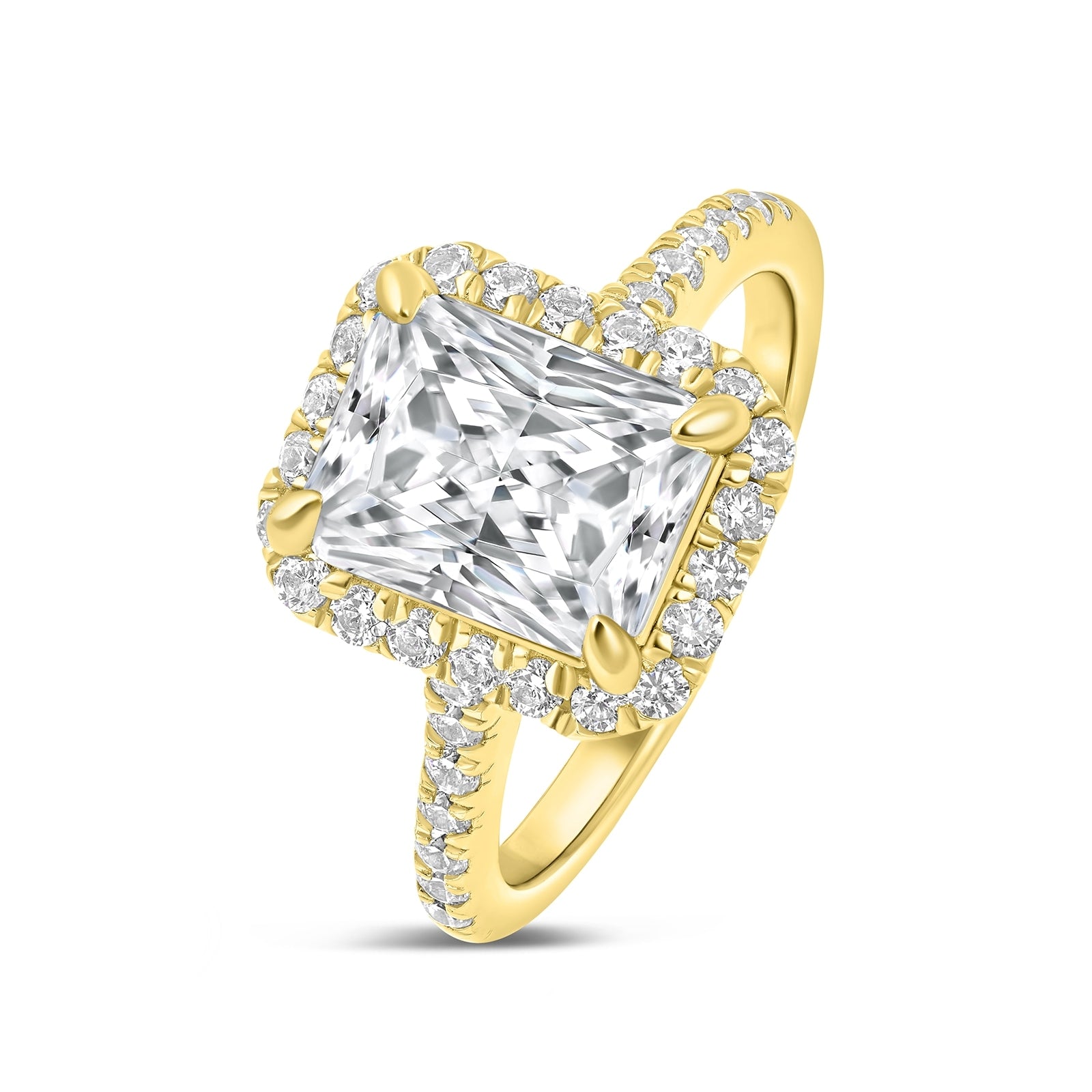 gold radiant cut engagement ring with halo and half eternity band positioned at a slight angle to show detailing