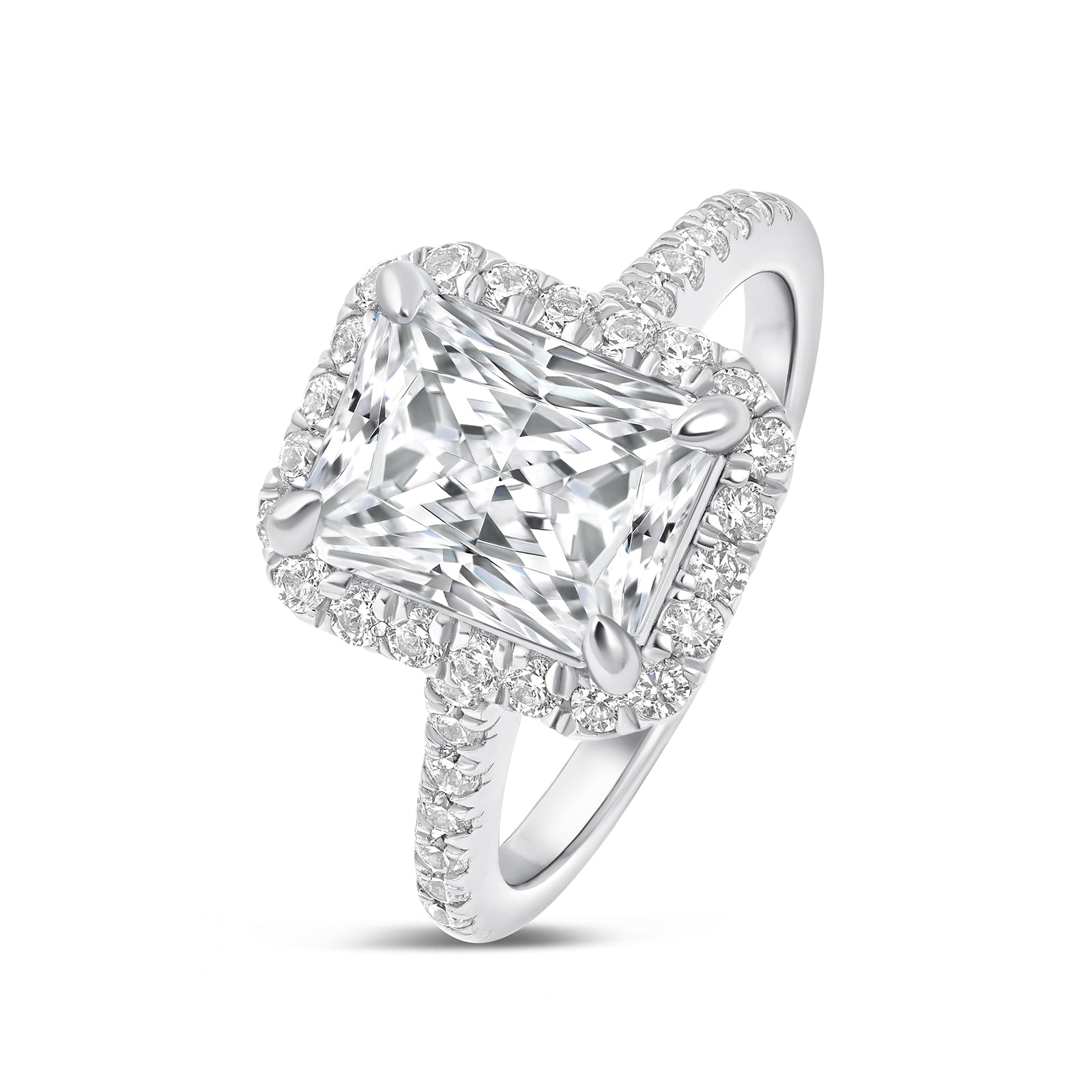 classic silver radiant cut wedding ring with sparkling halo & half eternity band detail