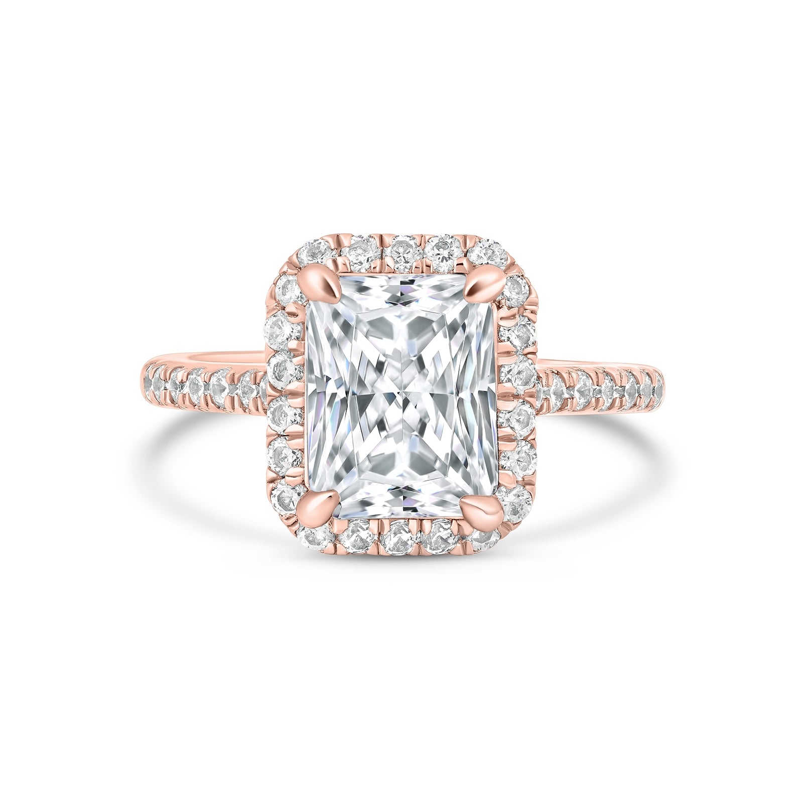 radiant cut rose gold engagement ring with stunning halo and half eternity band detailing