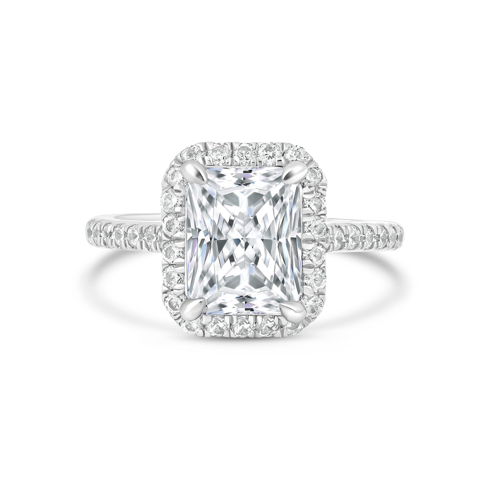 gorgeous 3.5 radiant cut engagement ring with halo and half eternity band