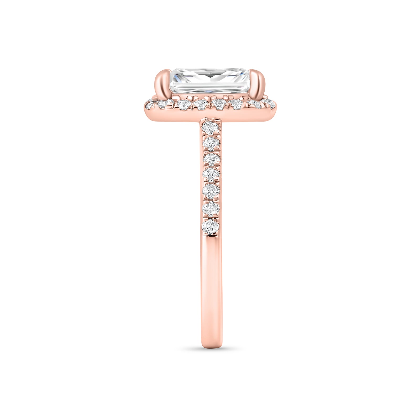 side view of rose gold radiant cut engagement ring with halo and half eternity band detailing