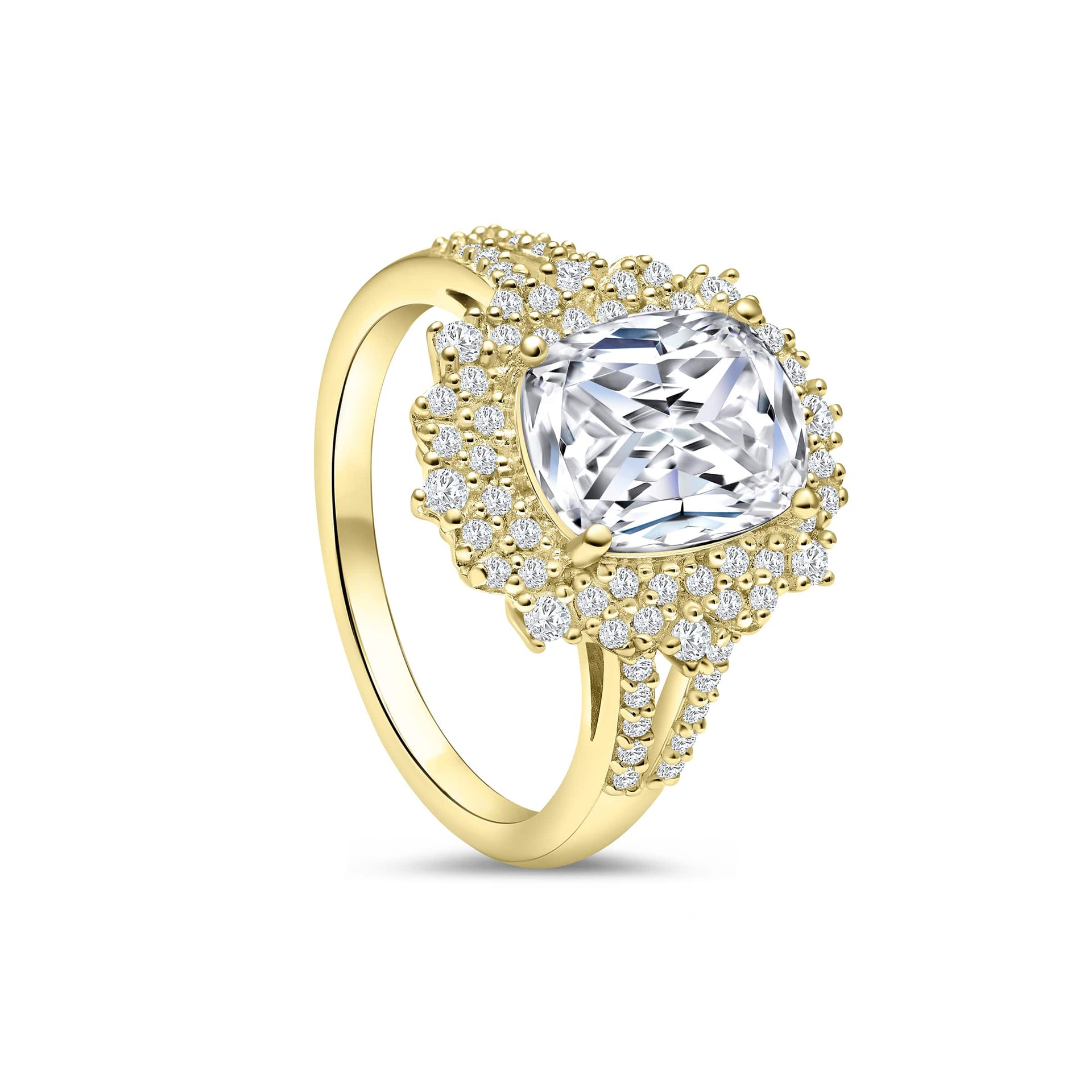 tilted engagement ring showing beautiful 2.5 ct cushion cut engagement ring in gold