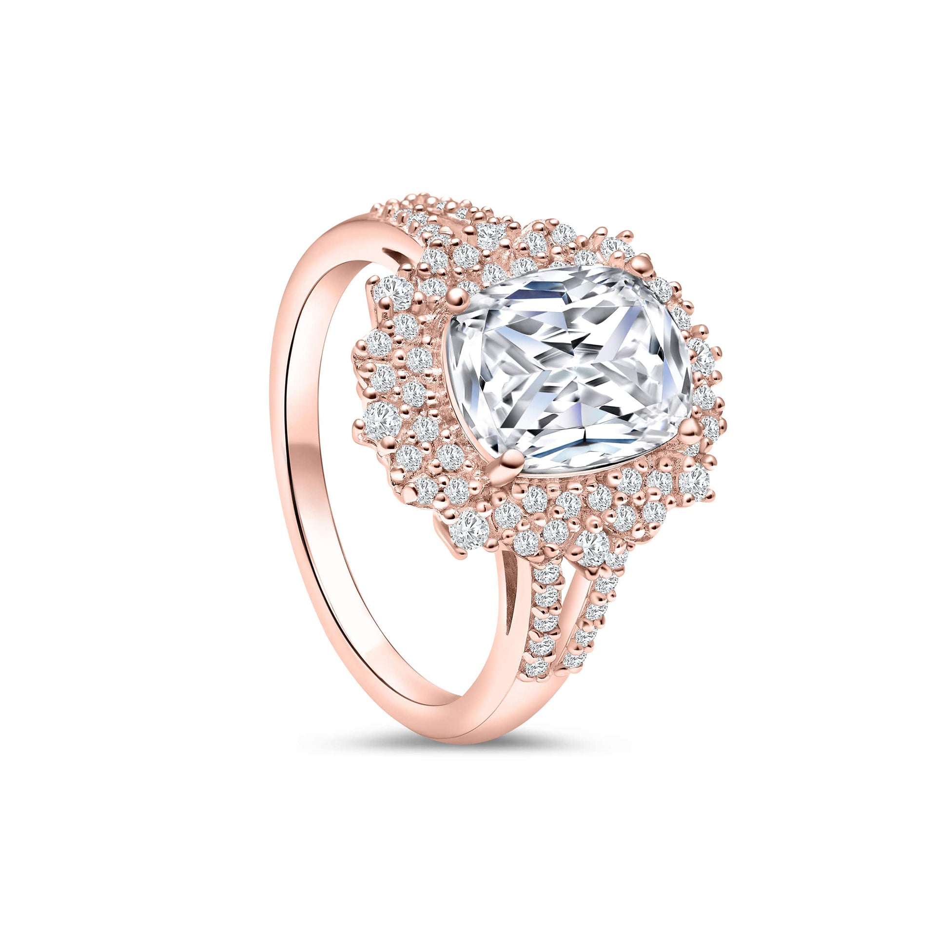 tilted engagement ring showing beautiful 2.5 ct cushion cut engagement ring in rose gold