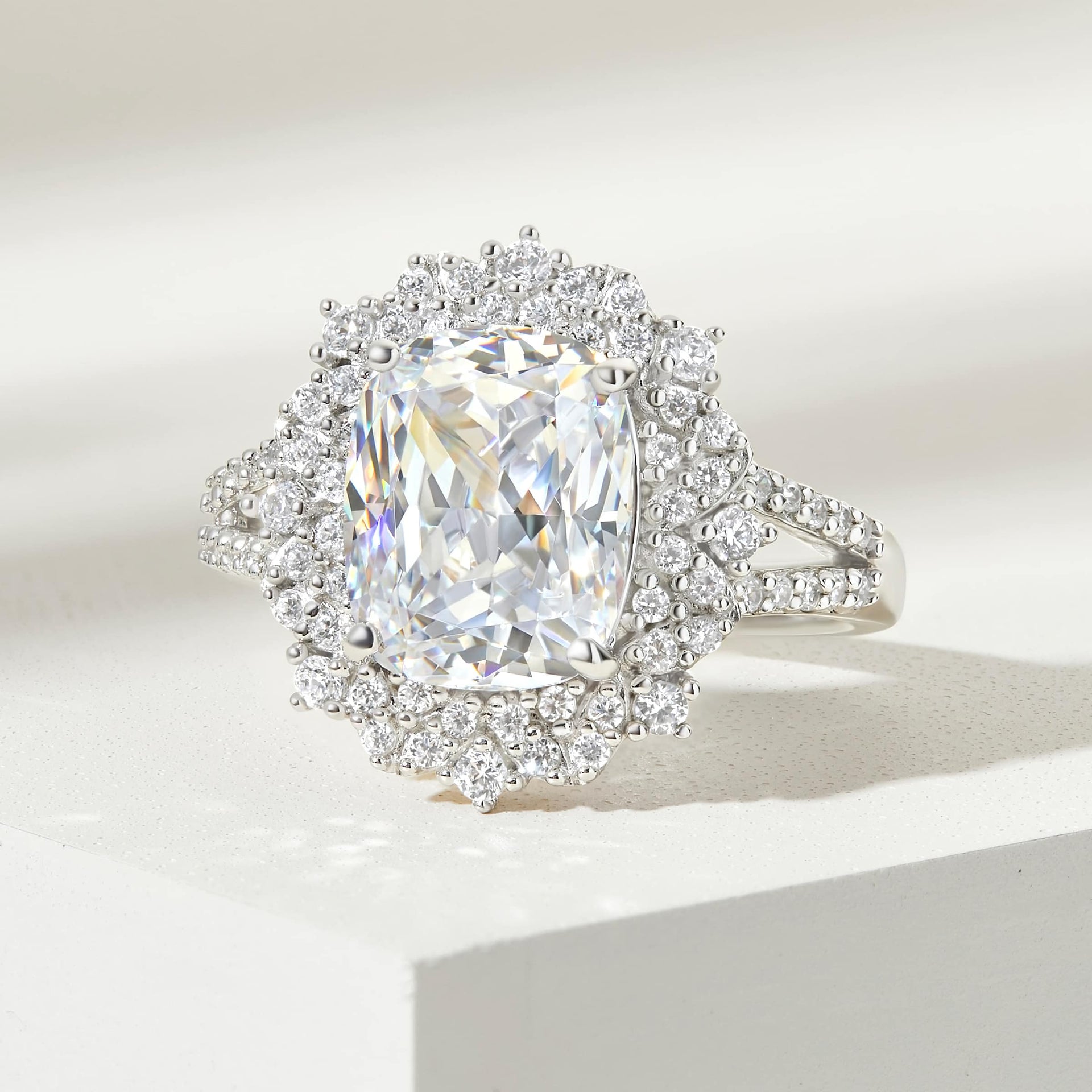 Close up shot of our vintage style 2.5 carat elongated cushion cut engagement ring