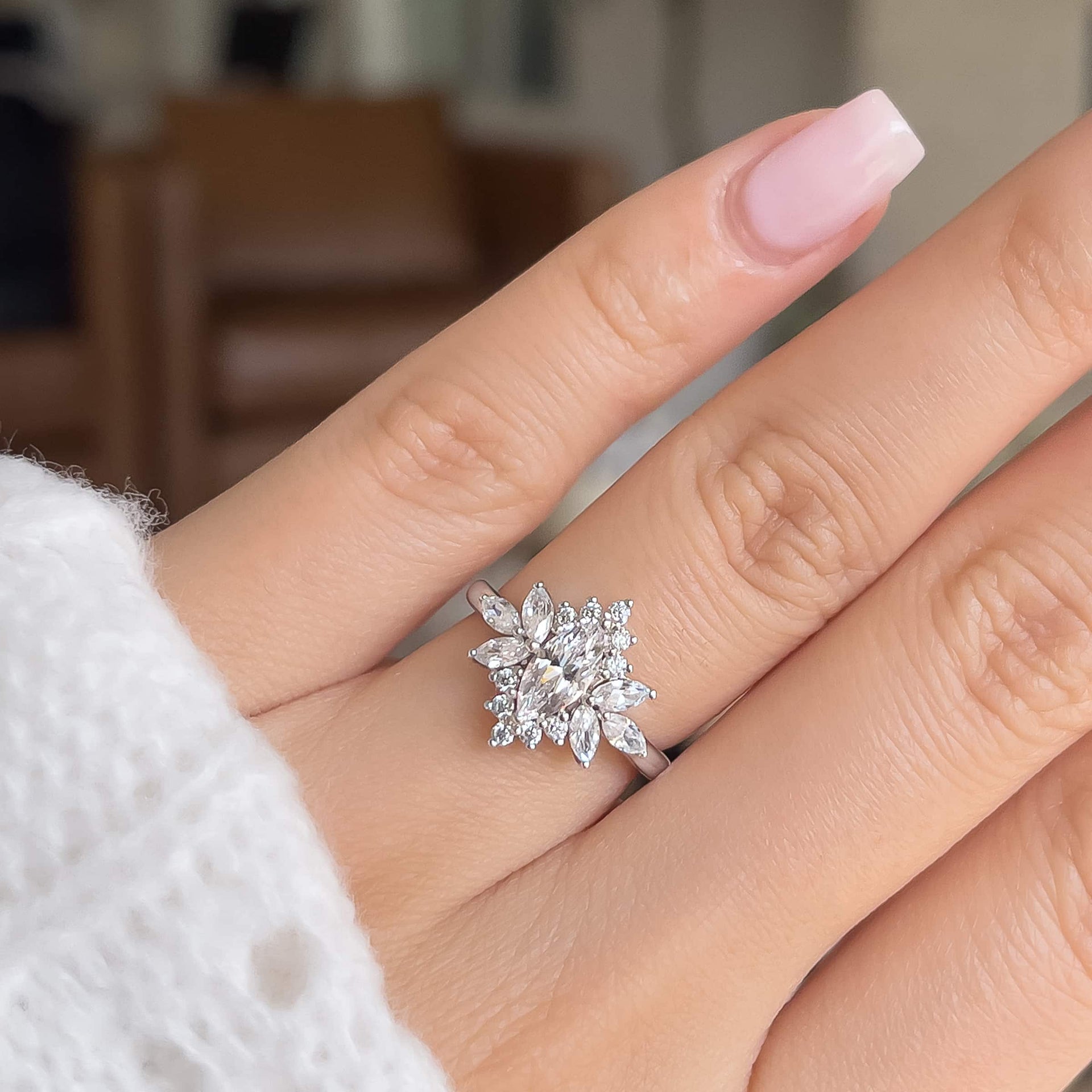 woman wearing silver vintage eliza engagement ring