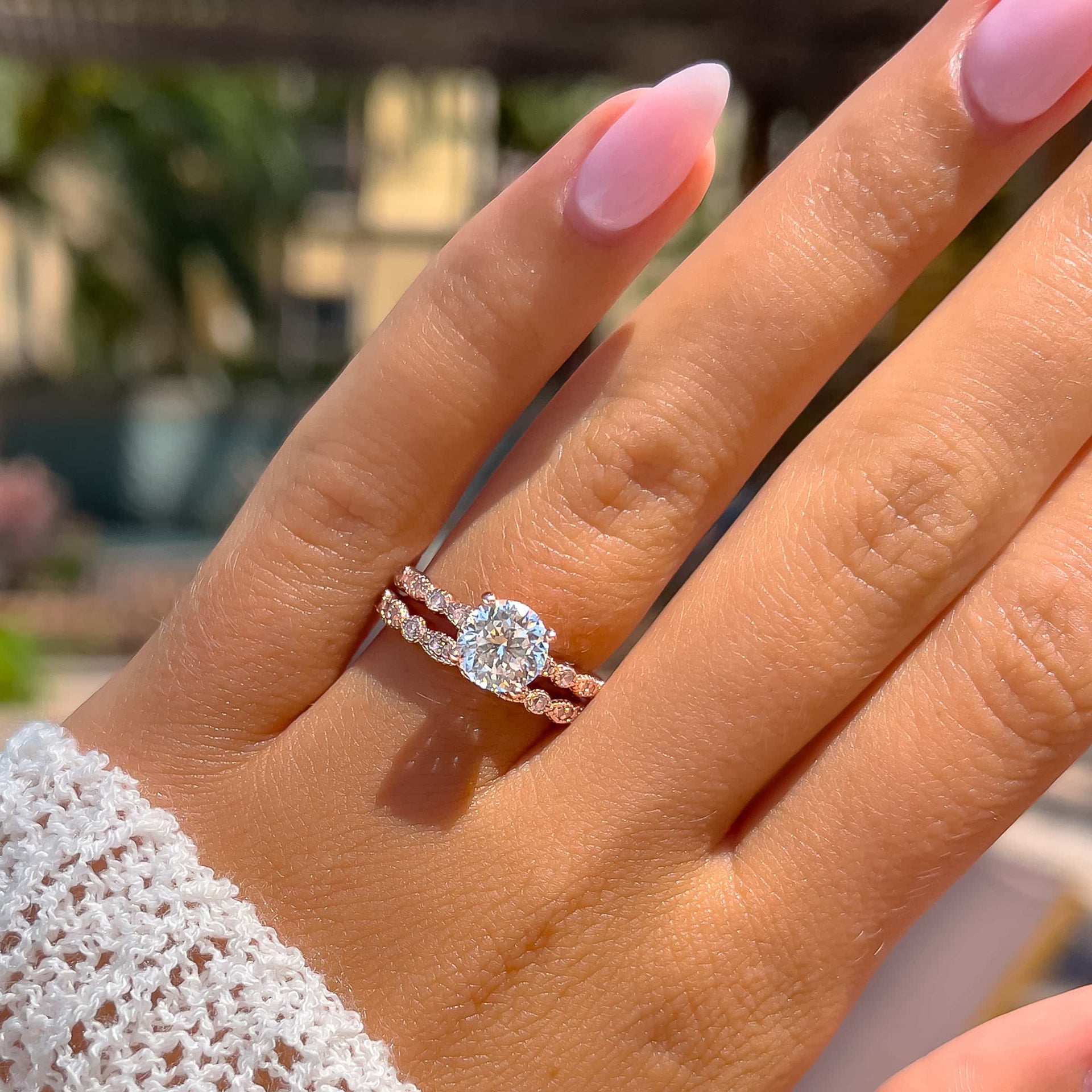 gorgeous sofia engagement ring with rose gold vintage wedding band