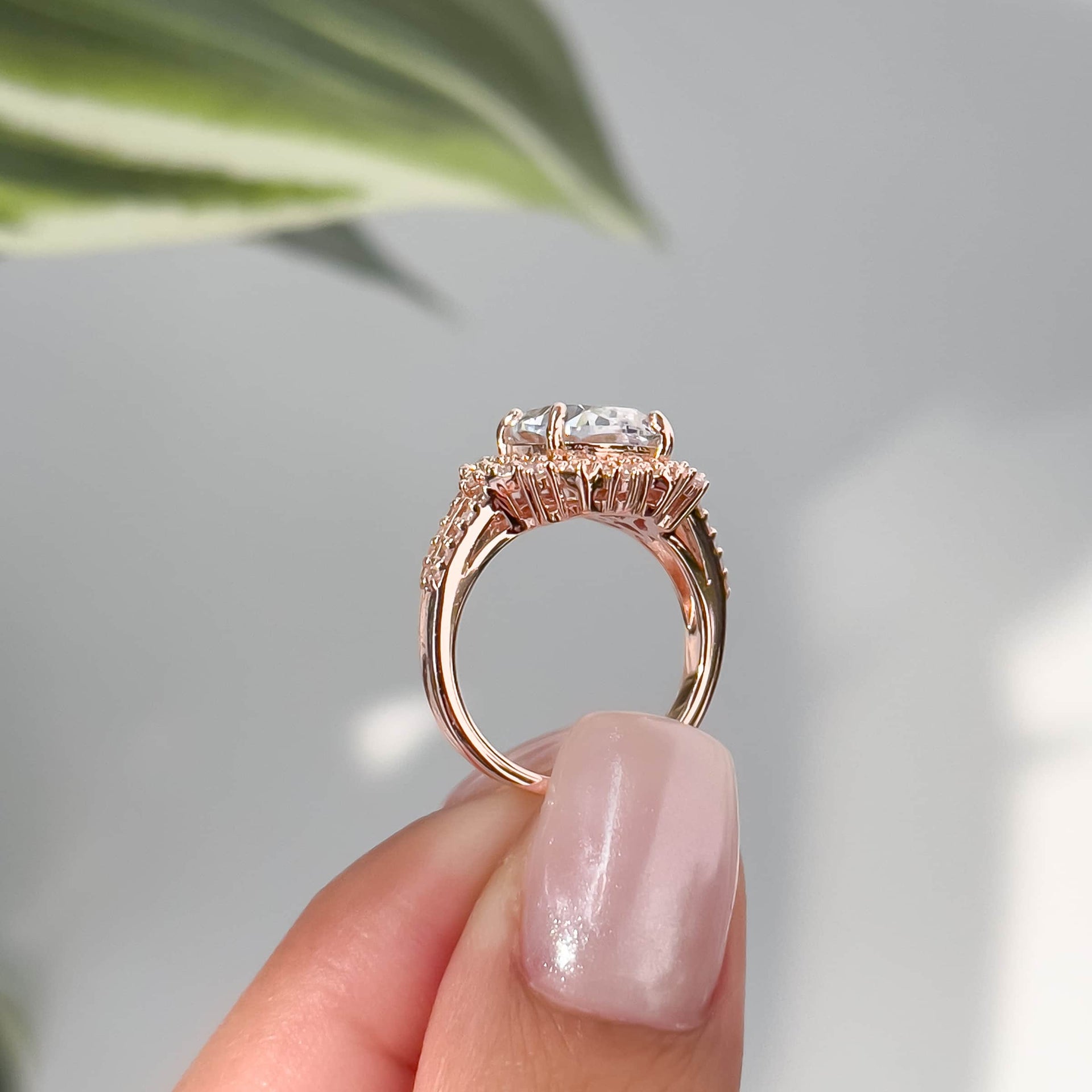 gorgeous setting shot of vintage engagement ring in rose gold