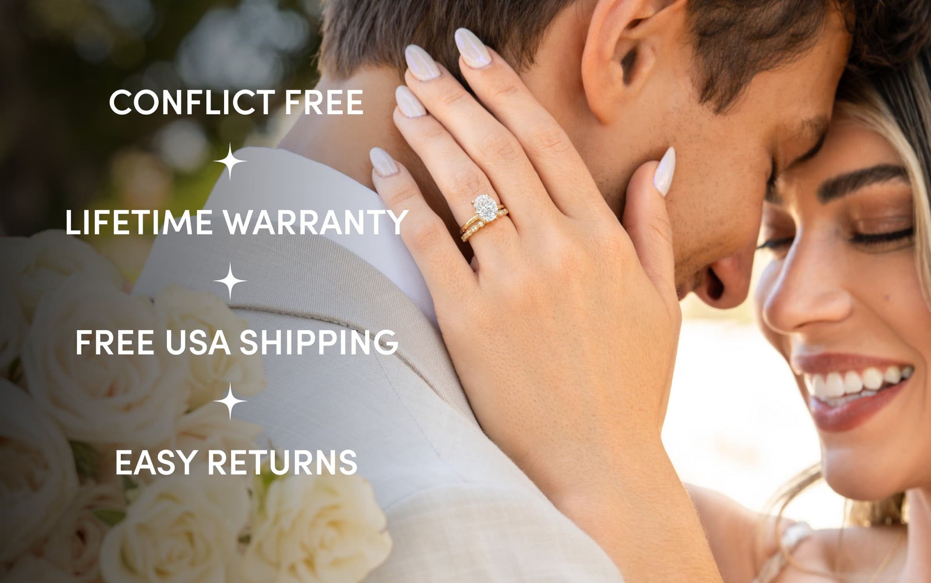 conflict free lifetime warranty free usa shipping easy returns with couple and gold engagement ring