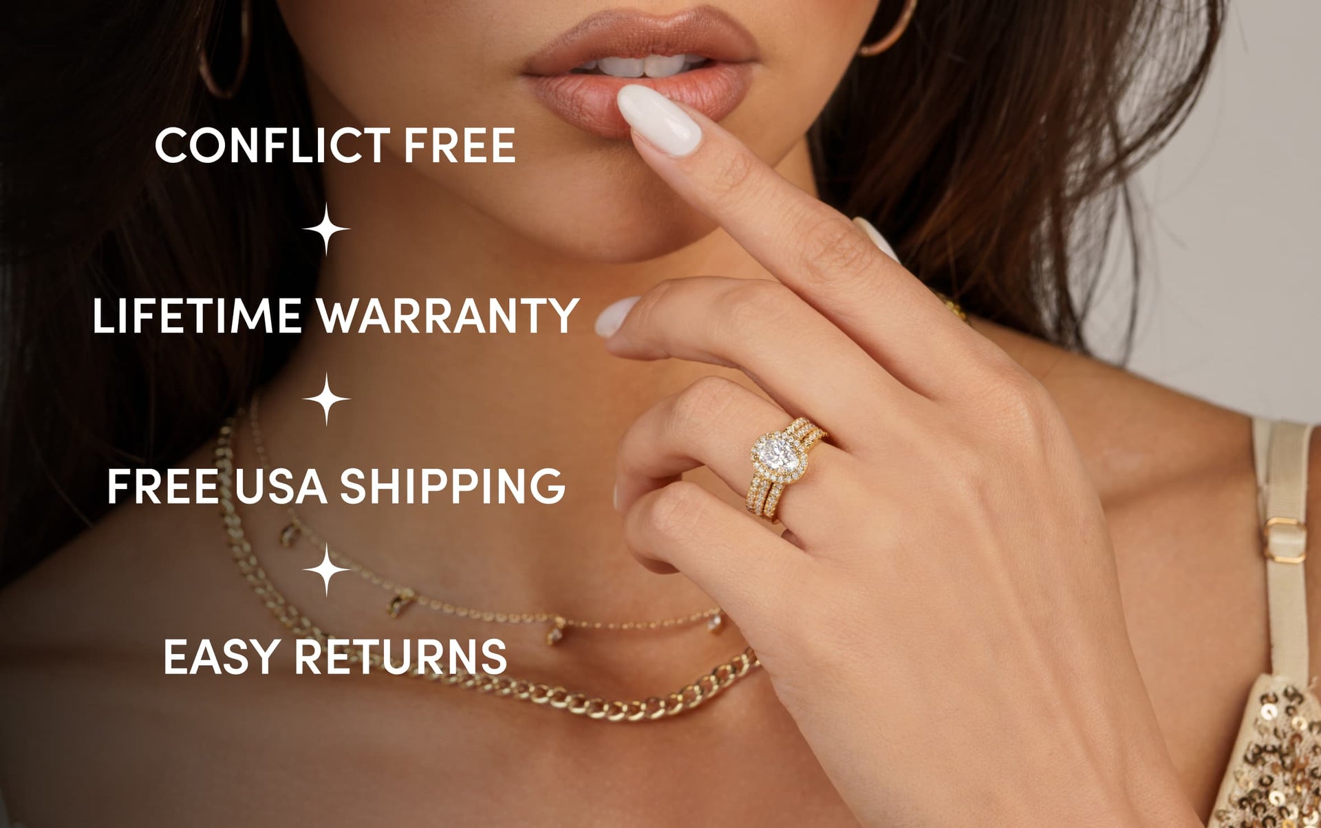woman wearing gold oval cut engagement ring with conflict free lifetime warranty free usa shipping easy returns