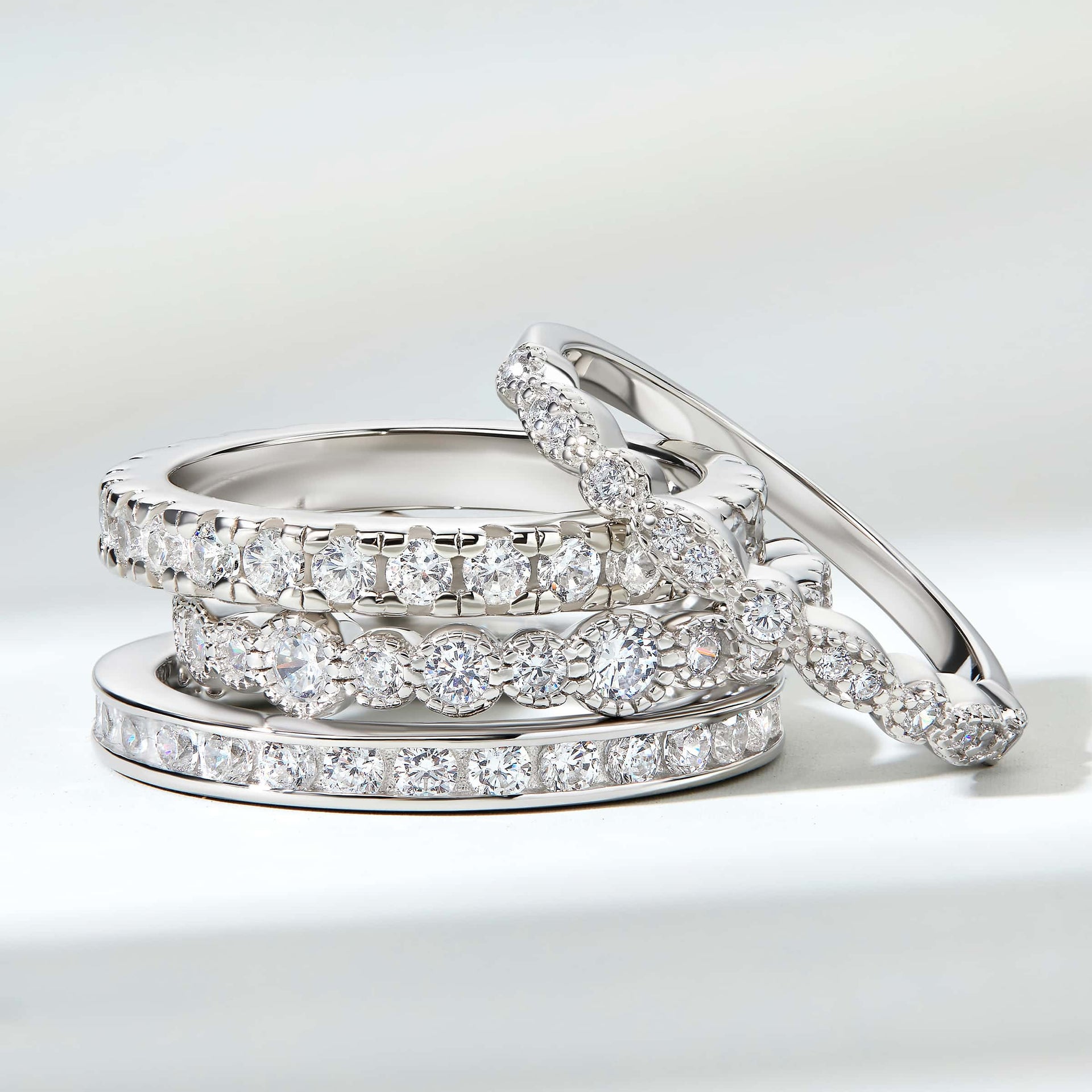 silver wedding band stack with forever
