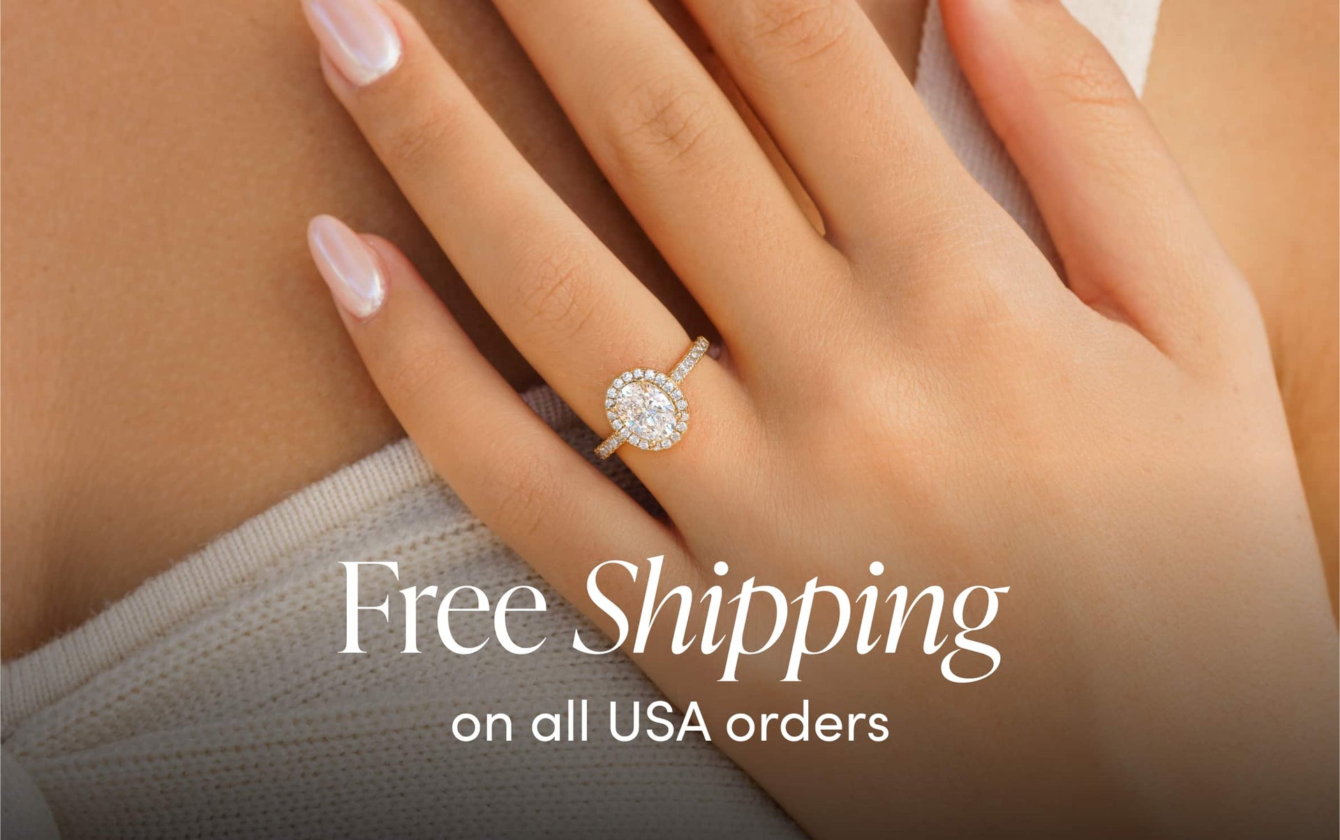 gold halo engagement ring on ladies hand free shipping on all us orders