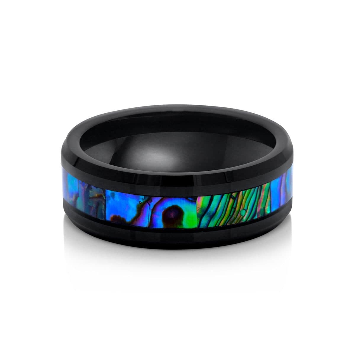 the voyager black tungsten wedding ring with abalone inlay for men