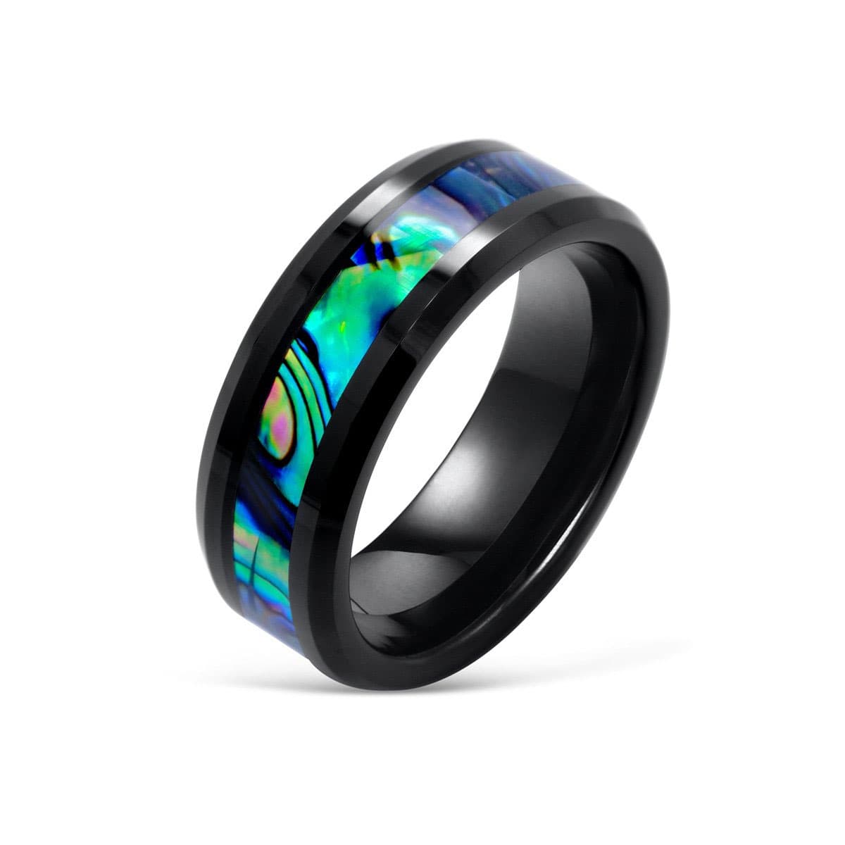 the voyager black tungsten wedding ring with abalone inlay