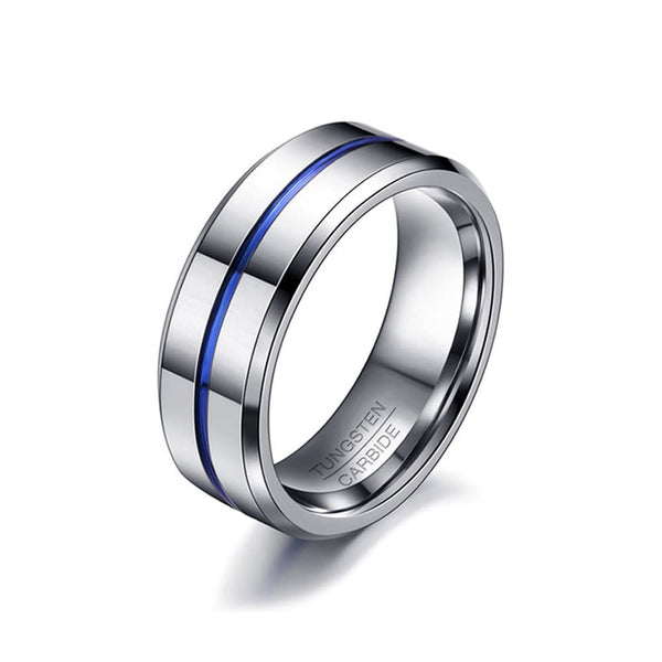 Silver & Blue Tungsten Carbide Wedding Band – Modern Gents