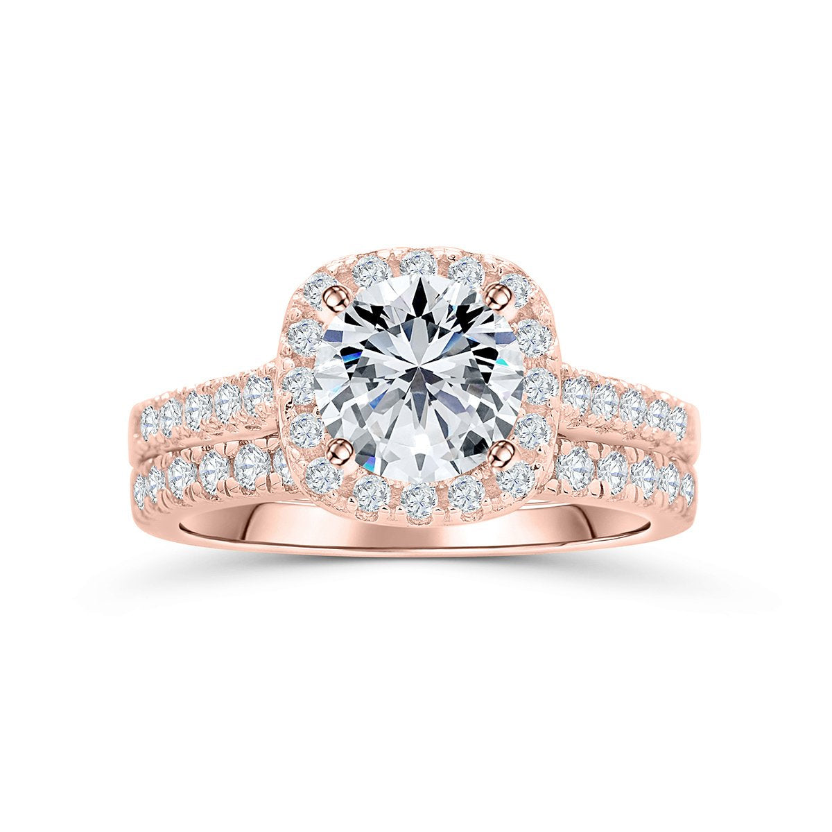 the evermore rose gold cushion cut halo wedding ring set