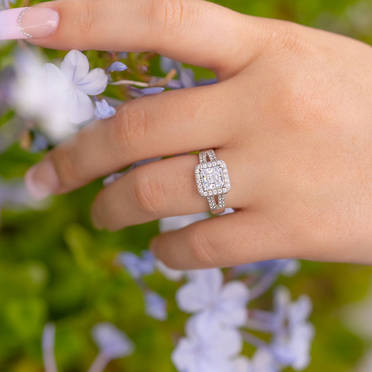 stunning princess silver halo engagement ring