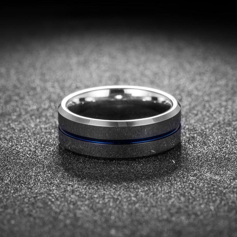 Silver tungsten ring with thin blue line