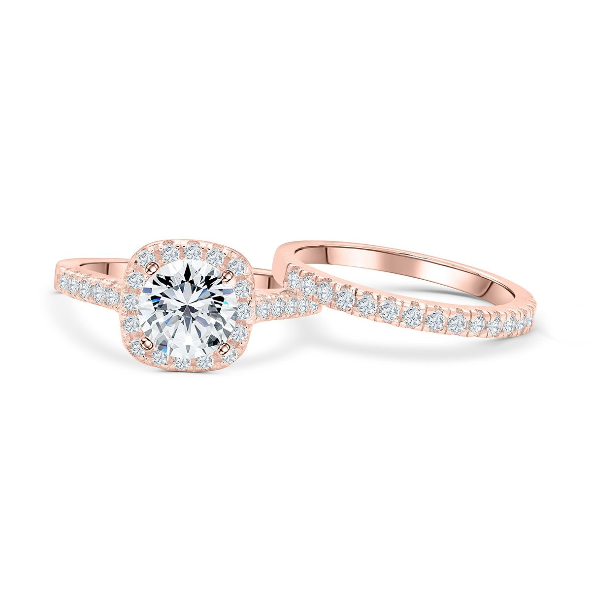 the evermore rose gold halo wedding set show separate