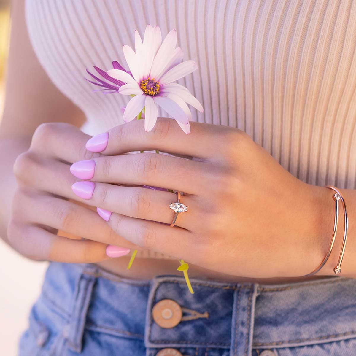 Dainty rose gold marquise cut ring on model