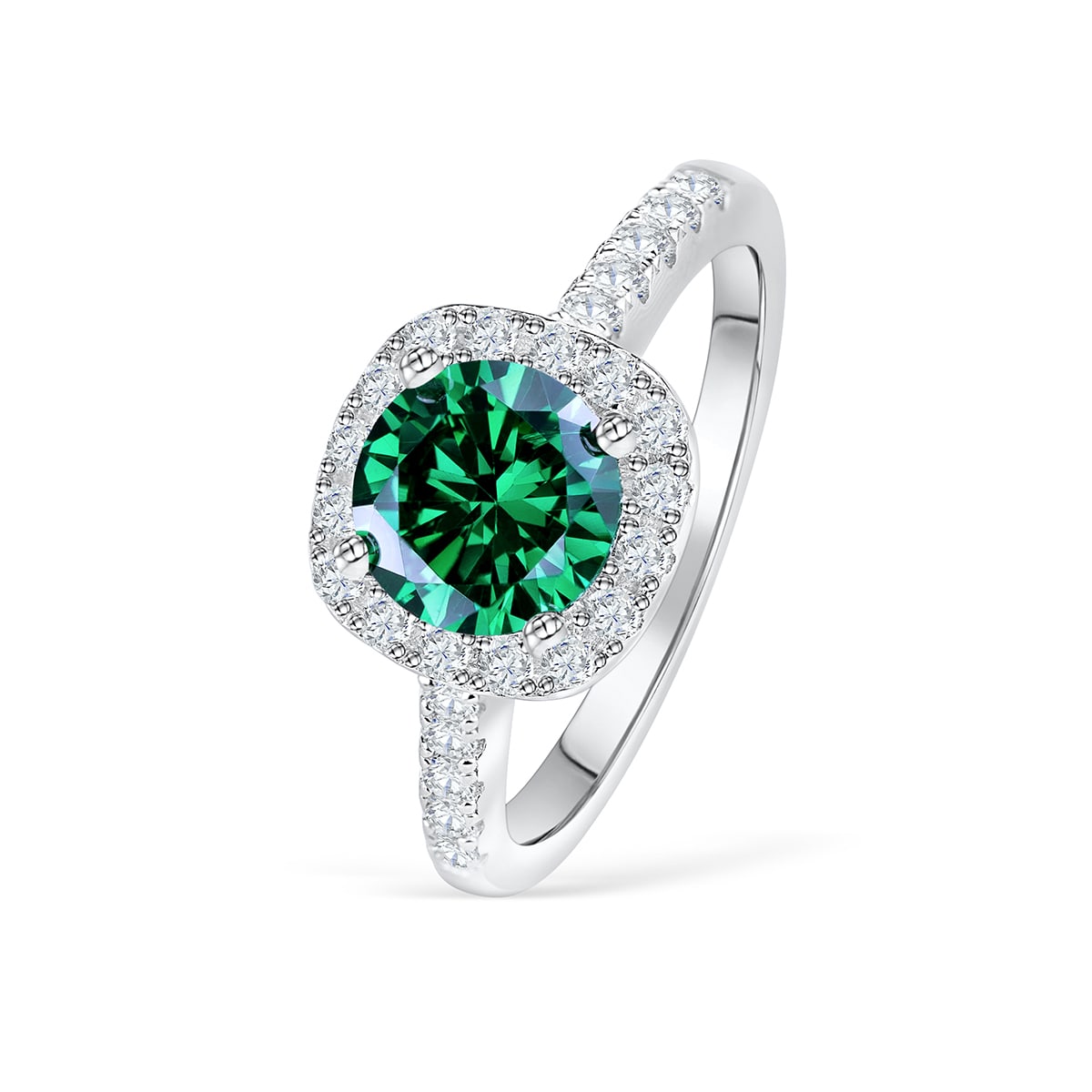 the halo with emerald stone in silver