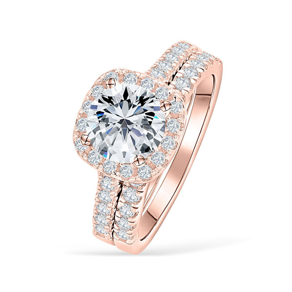 the evermore rose gold halo cushion cut wedding ring set