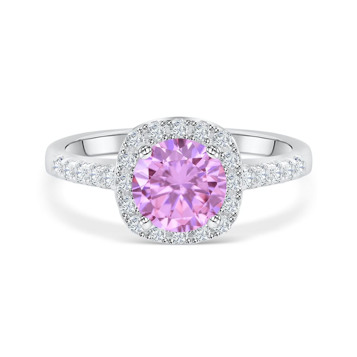 silver halo engagement ring with pink sapphire stone