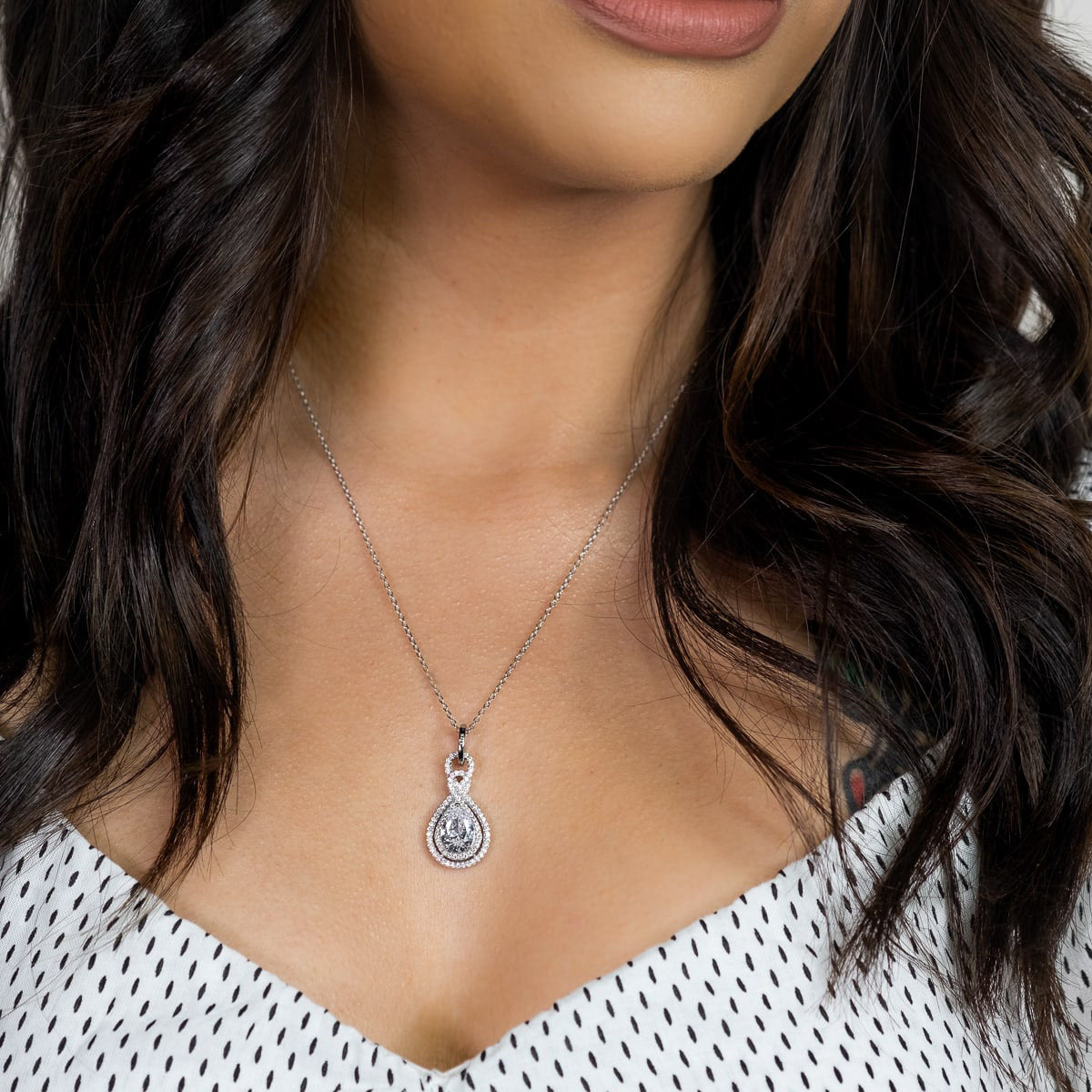 the harmony silver necklace on neck