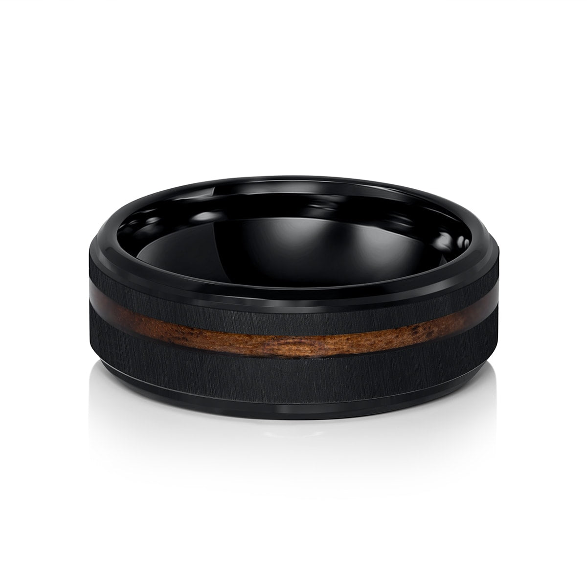 Mens black ring with wood inlay