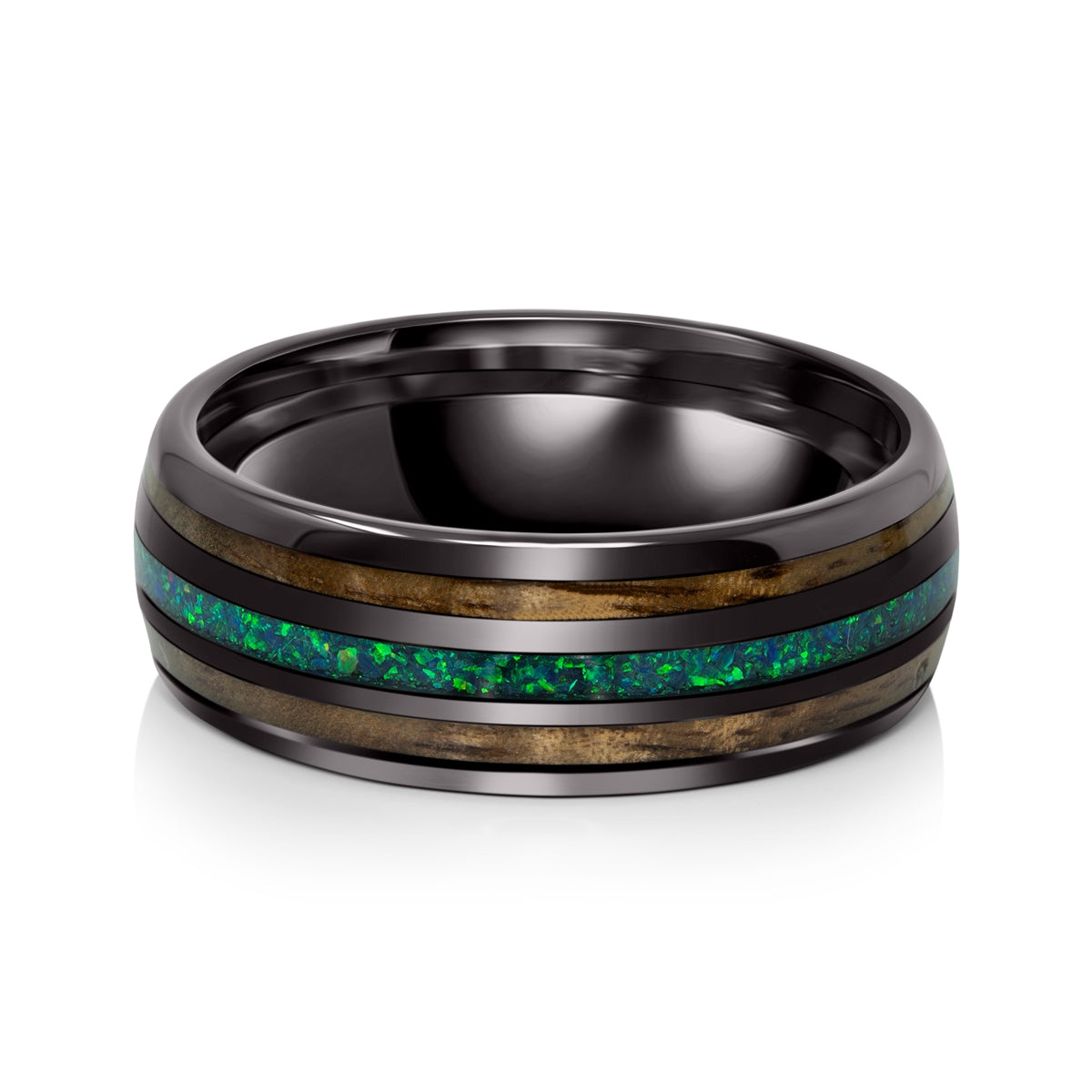 Mens tungsten ring with wood and opal inlay
