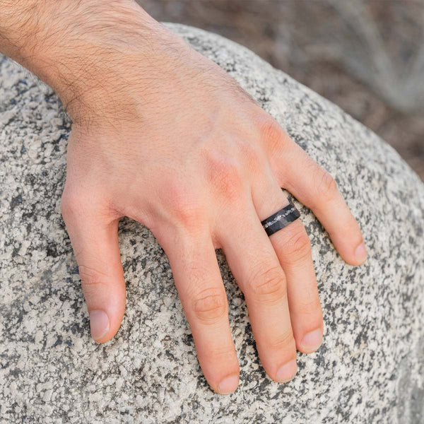 Hammered black mens ring with meteorite inlay