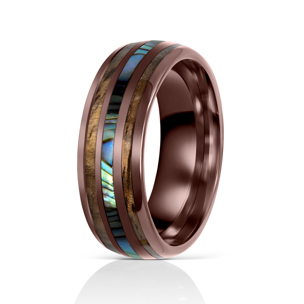 Tungsten mens ring with wood and shell inlay