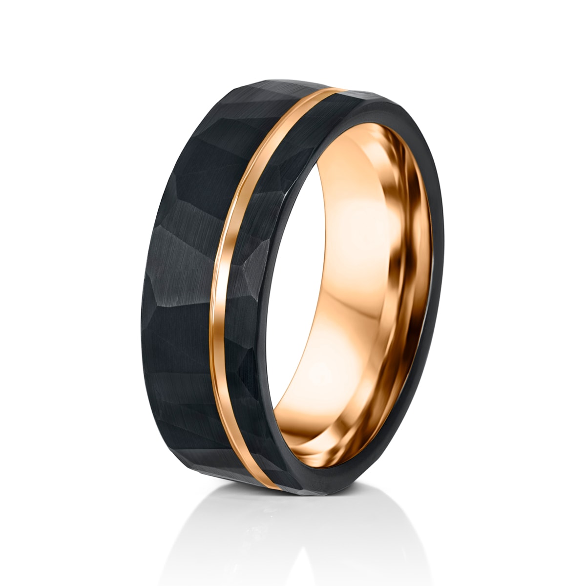 Mens tungsten black and rose gold ring