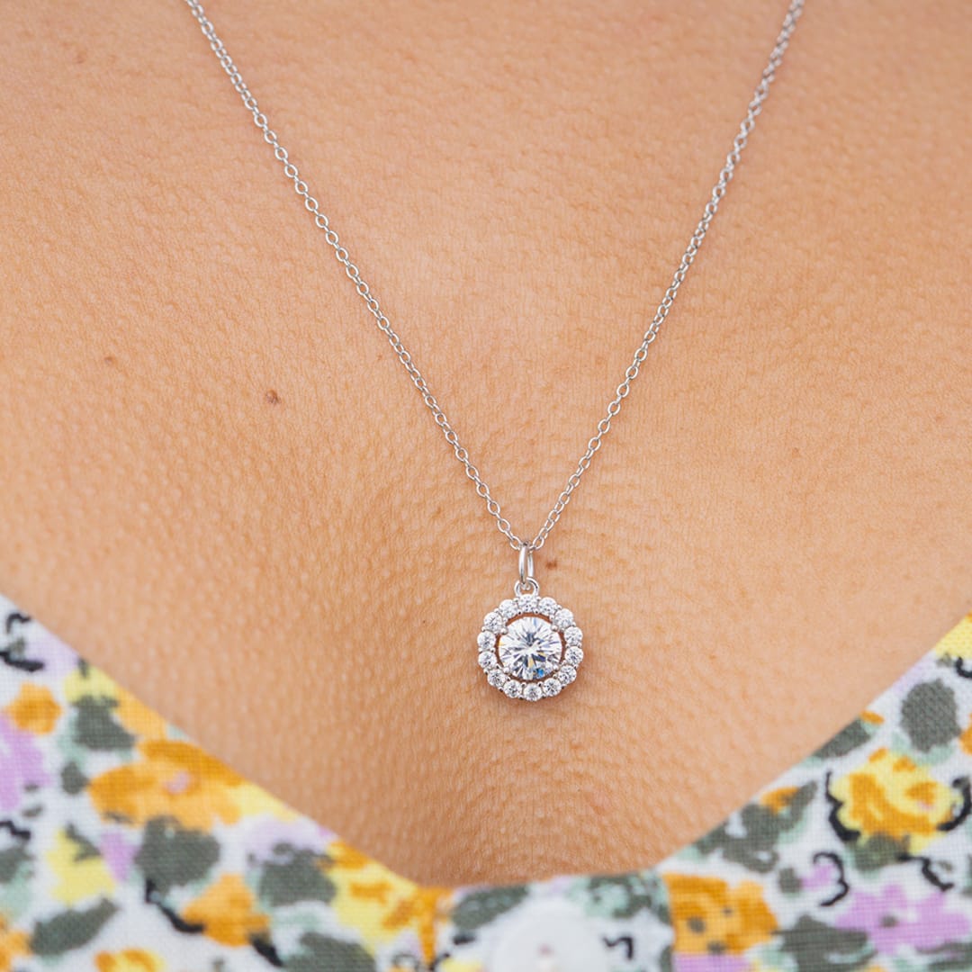 the lily silver necklace on ladies neck