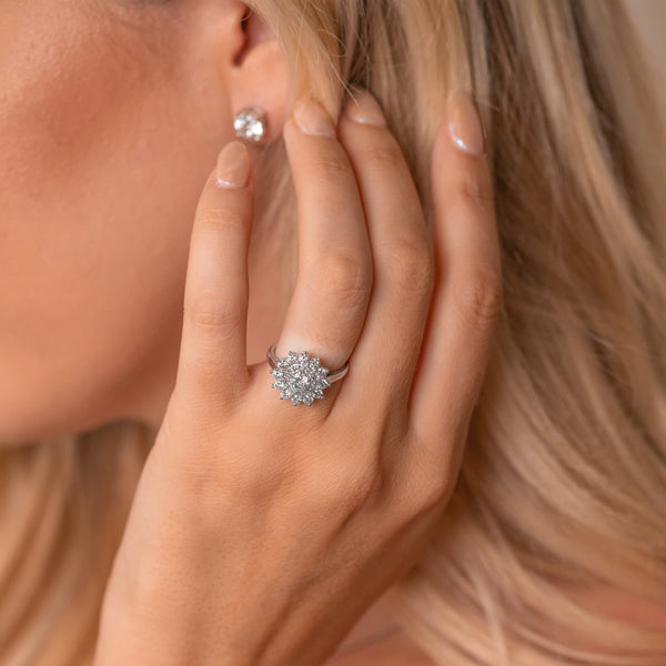 Model wearing unique silver engagement ring