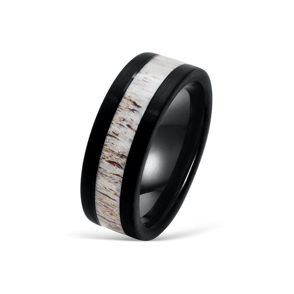 the marksman black tungsten ring with antler inlay