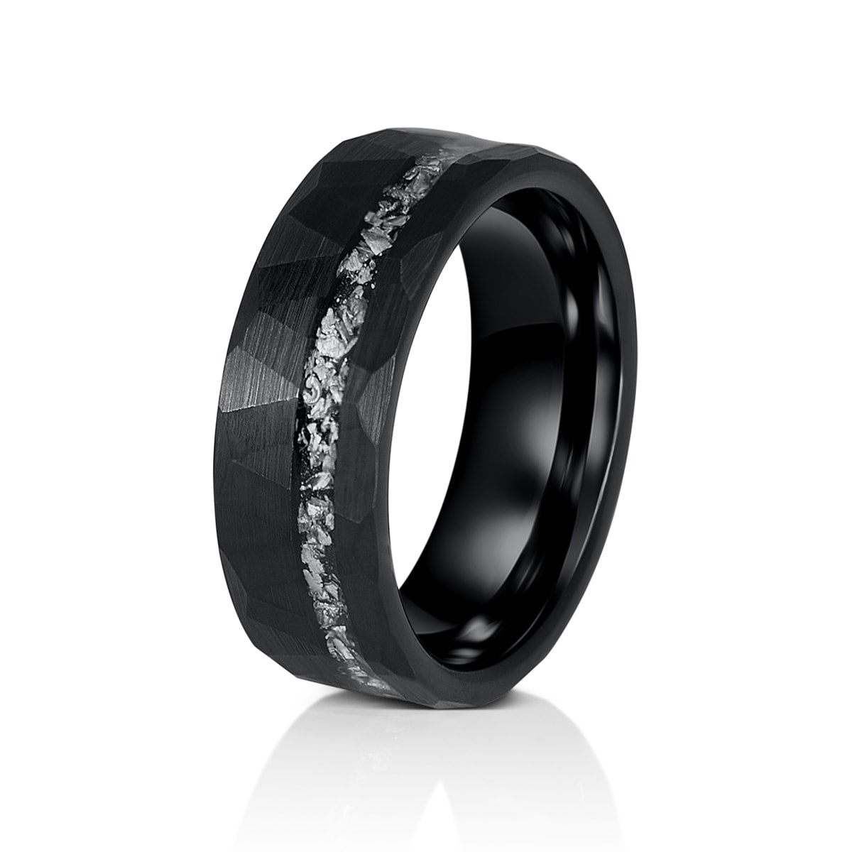 Mens ring with meteorite inlay