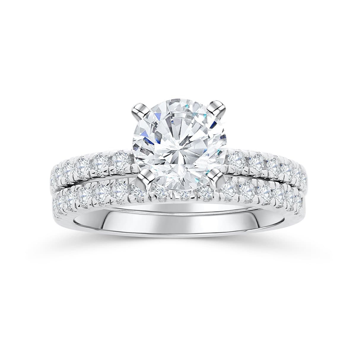 round cut lady wearing star light silver wedding ring set