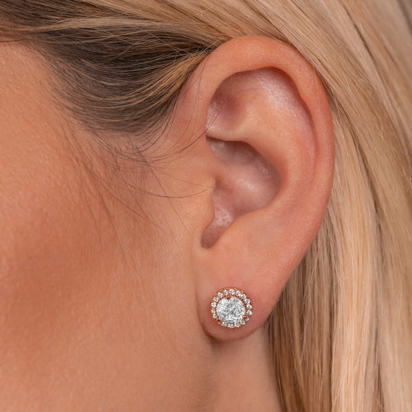 Rose gold round halo stud earrings
