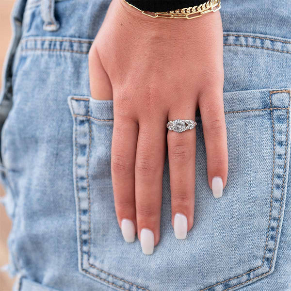 Leaf pattern silver engagement ring