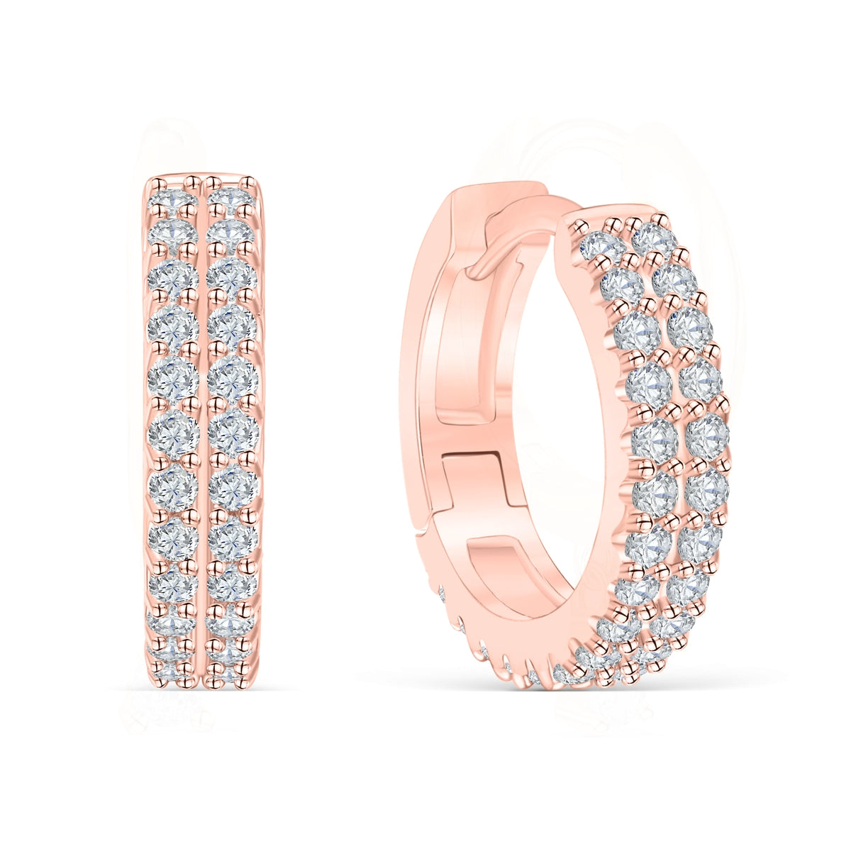 Rose gold huggie earrings with double lined stones