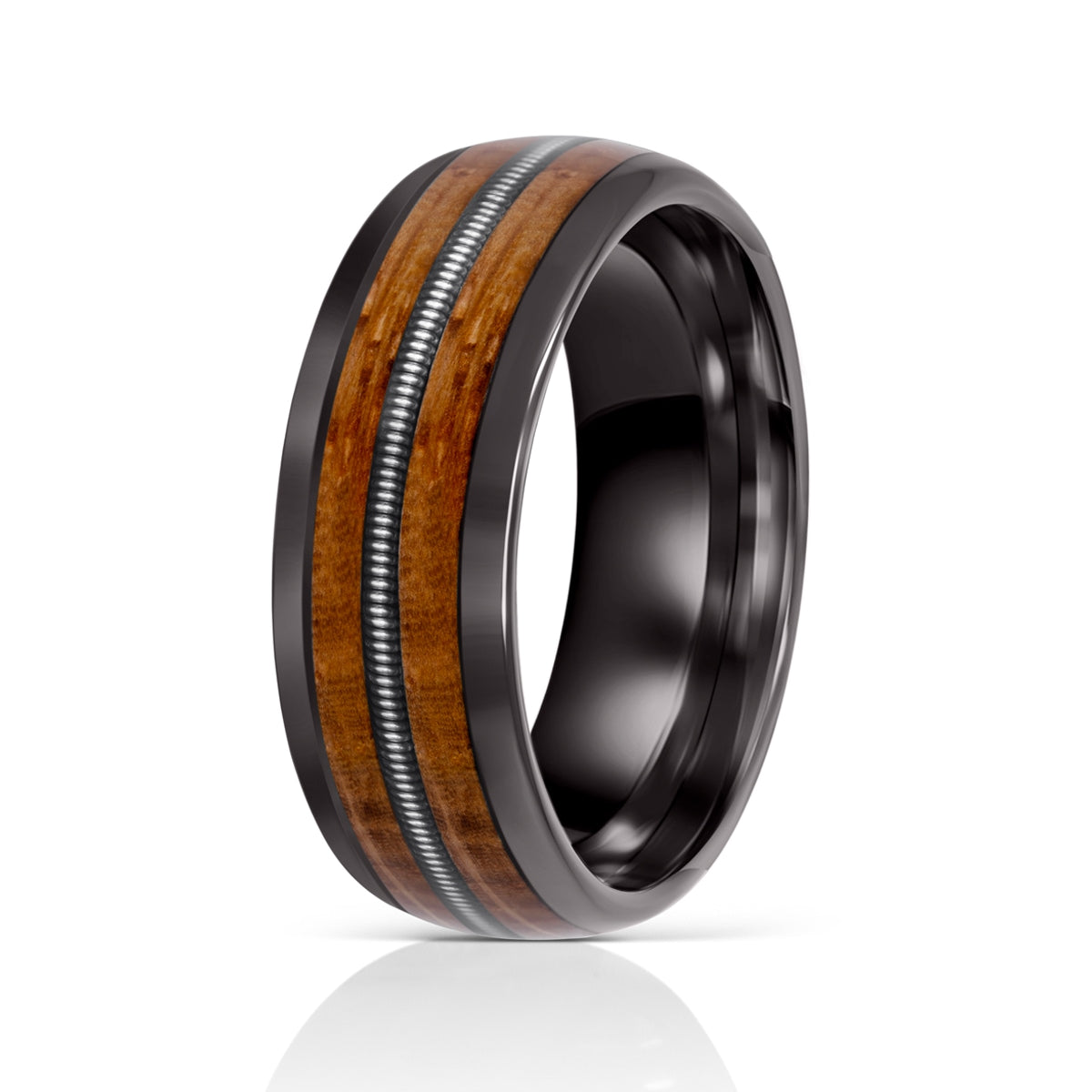Tungsten ring with wood and guitar string inlay