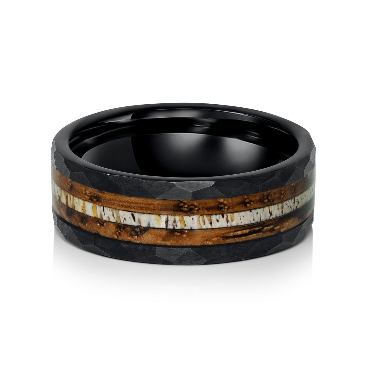 Mens ring with whiskey barrel wood inlay