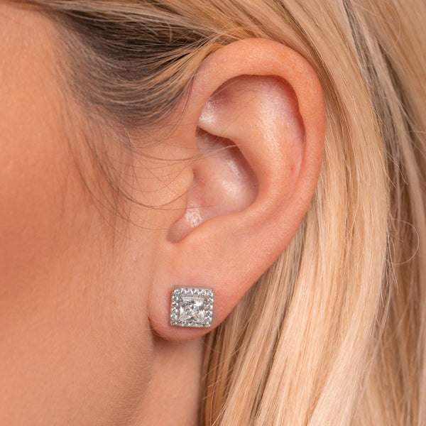 Silver dainty princess cut earrings