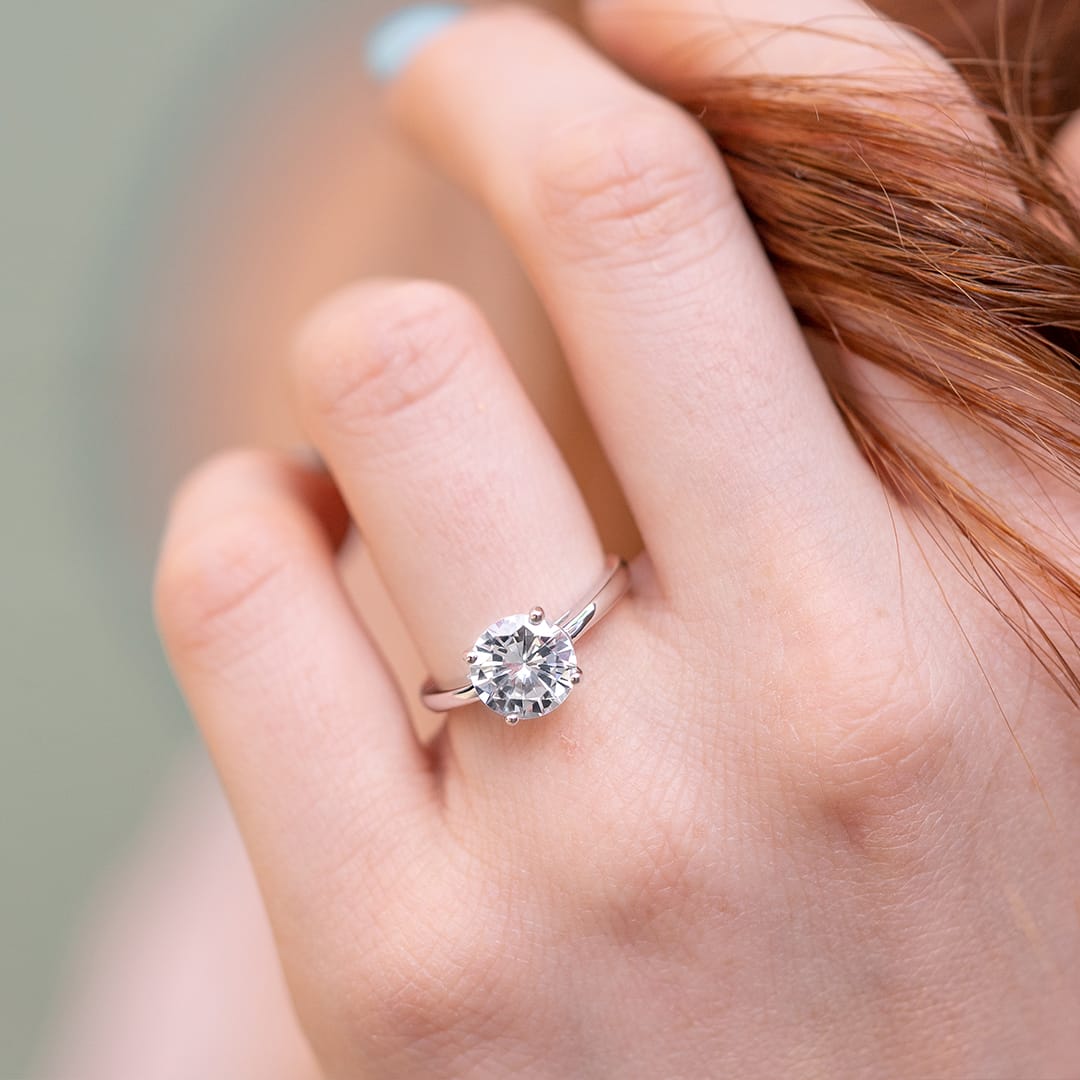 the one and only silver round cut solitaire engagement ring on hand